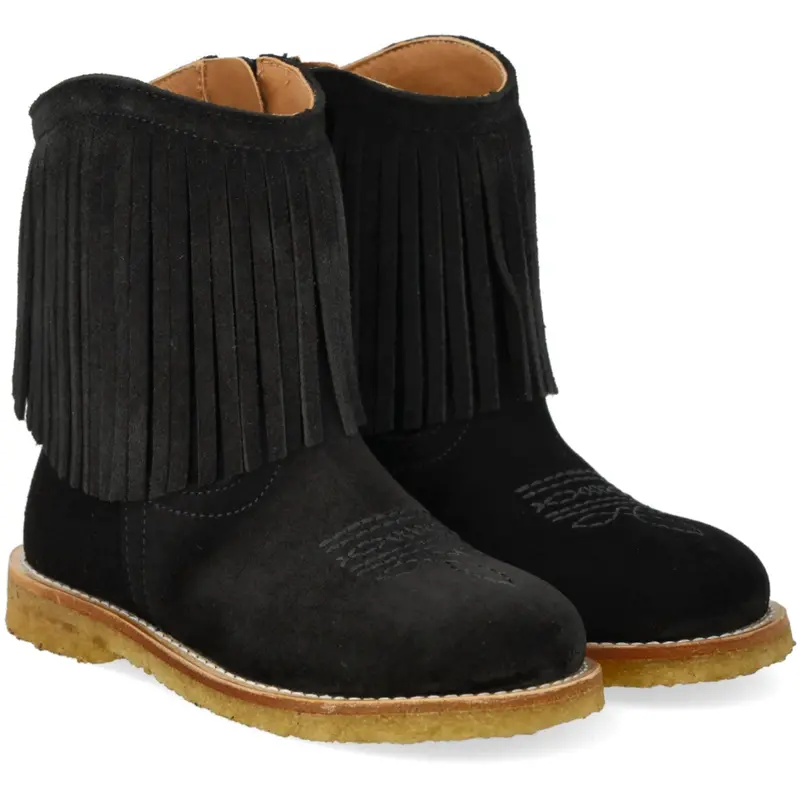 Angulus Black Fringed Cowboy Boot With Embroidery 1