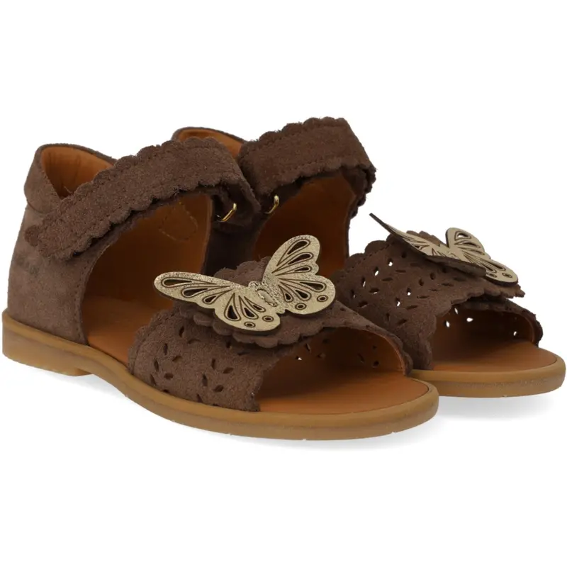 Angulus Dark Taupe/Gold Shine Sandal Med Åben Tå Og Dobbelt Velcro 1