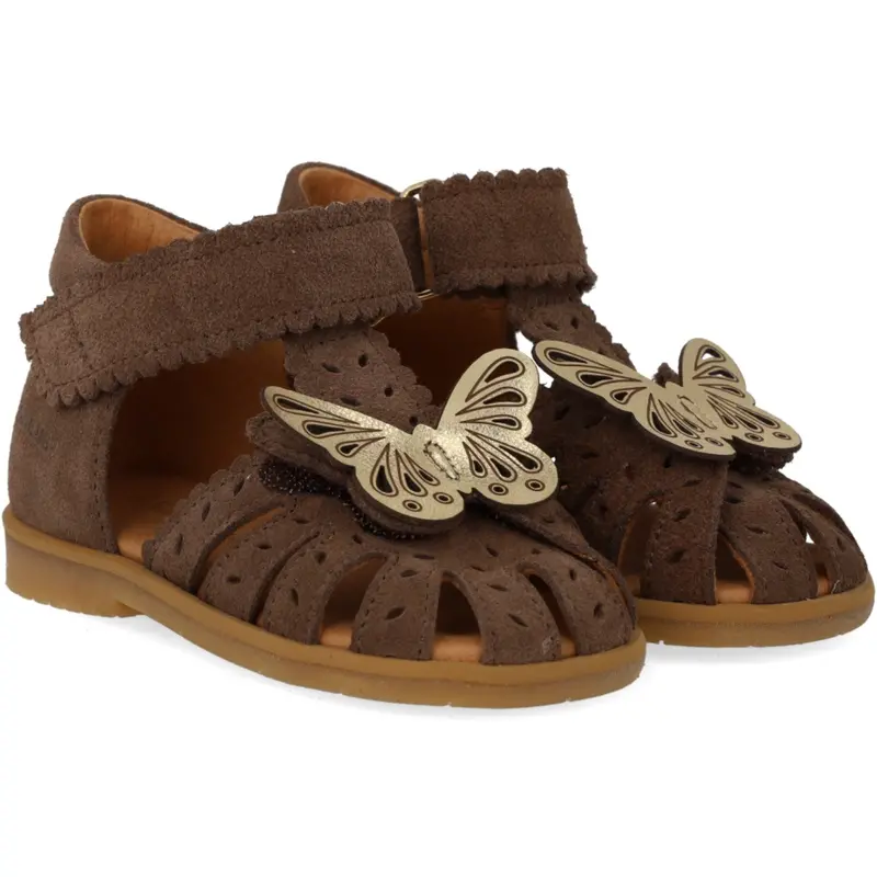 Angulus Dark Taupe/Gold Shine Sandal Med Sommerfugl Og Dobbelt Velcro 1