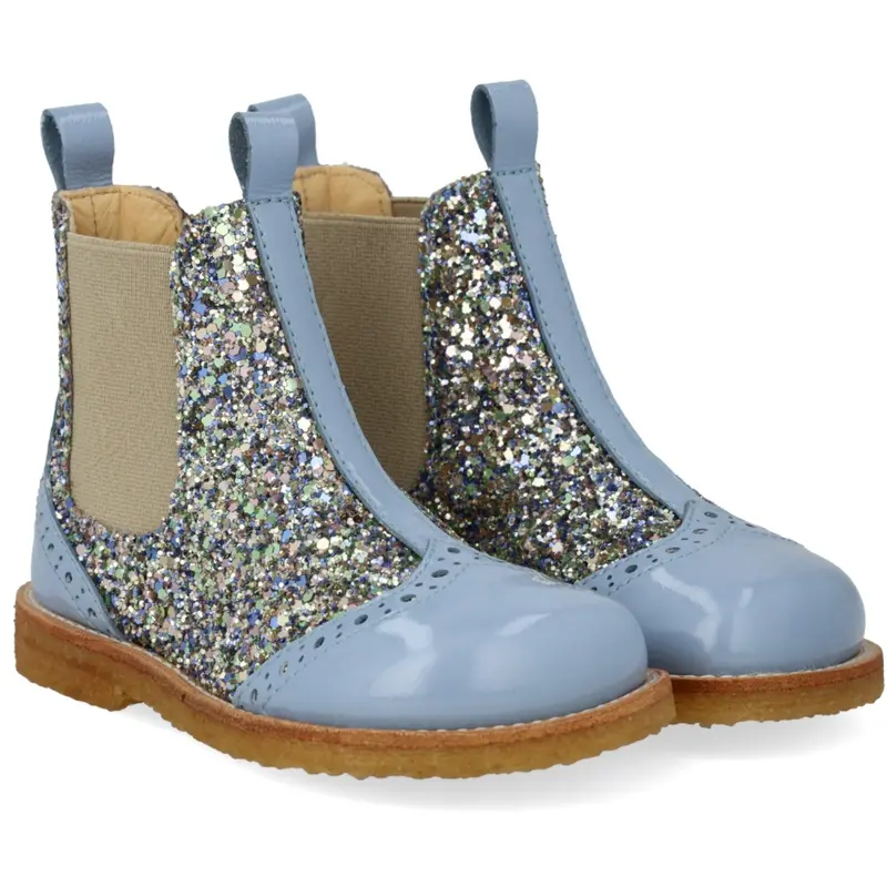 Angulus Sky Blue/Spring Multi Glitter/Beige Chelsea Støvle Med Glitter Og Brogues Detaljer 1