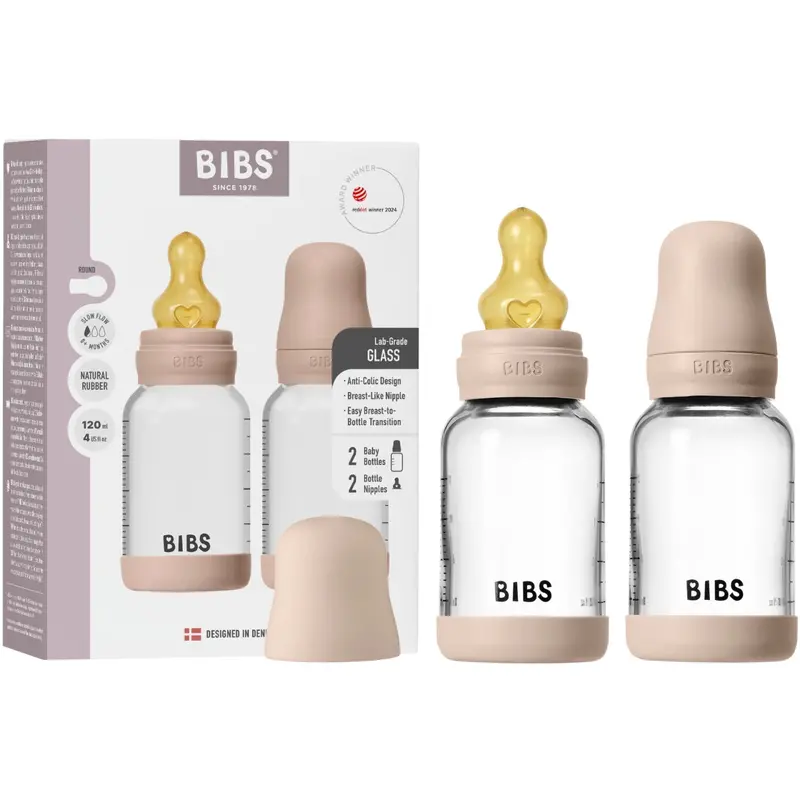 Bibs Blush Glass Baby Bottle Round Latex 2-Pack 120 Ml Slow Flow 1