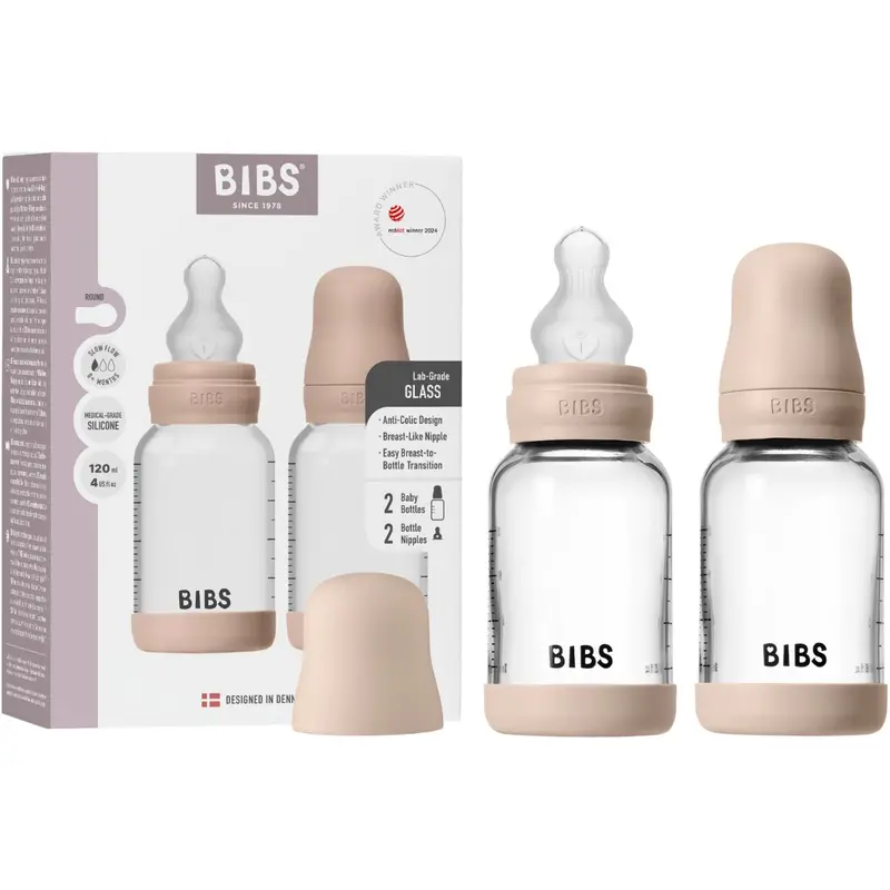 Bibs Blush Glass Baby Bottle Round Silicone 2-Pack 120 Ml Slow Flow 1