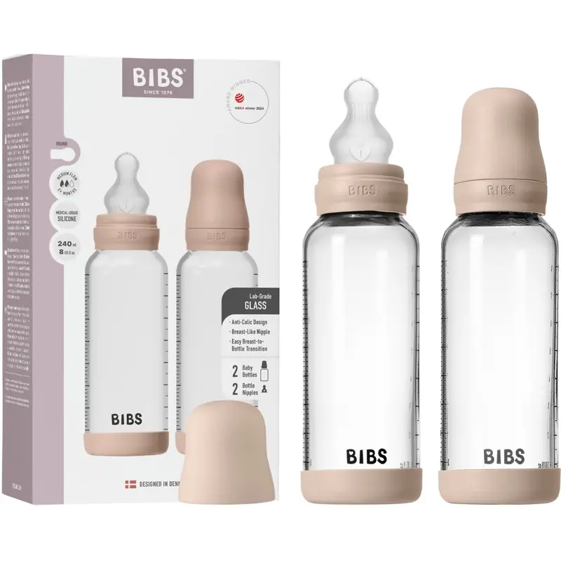 Bibs Blush Glass Baby Bottle Round Silicone 2-Pack 240 Ml Medium Flow 1