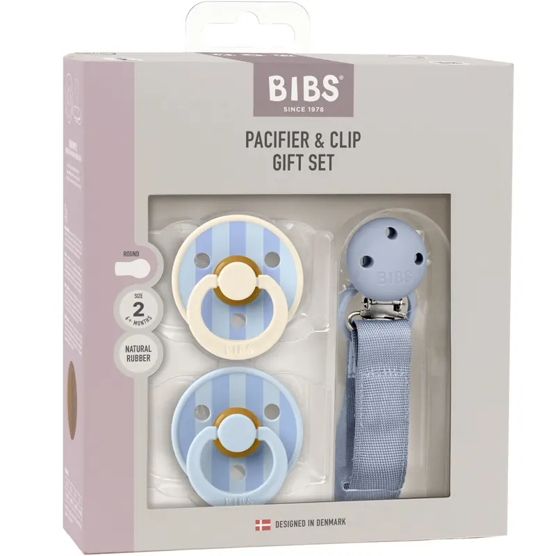 Bibs Dusty Blue Pacifier & Clip Gift Set Pin & Block Latex 1