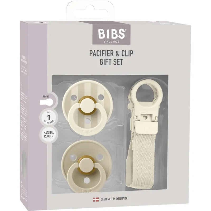 Bibs Ivory Colour Pacifier & Loop Clip Gift Set Latex 1