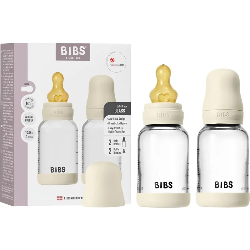 Bibs Ivory Glass Baby Bottle Round Latex 2-Pack 120 Ml Slow Flow 1