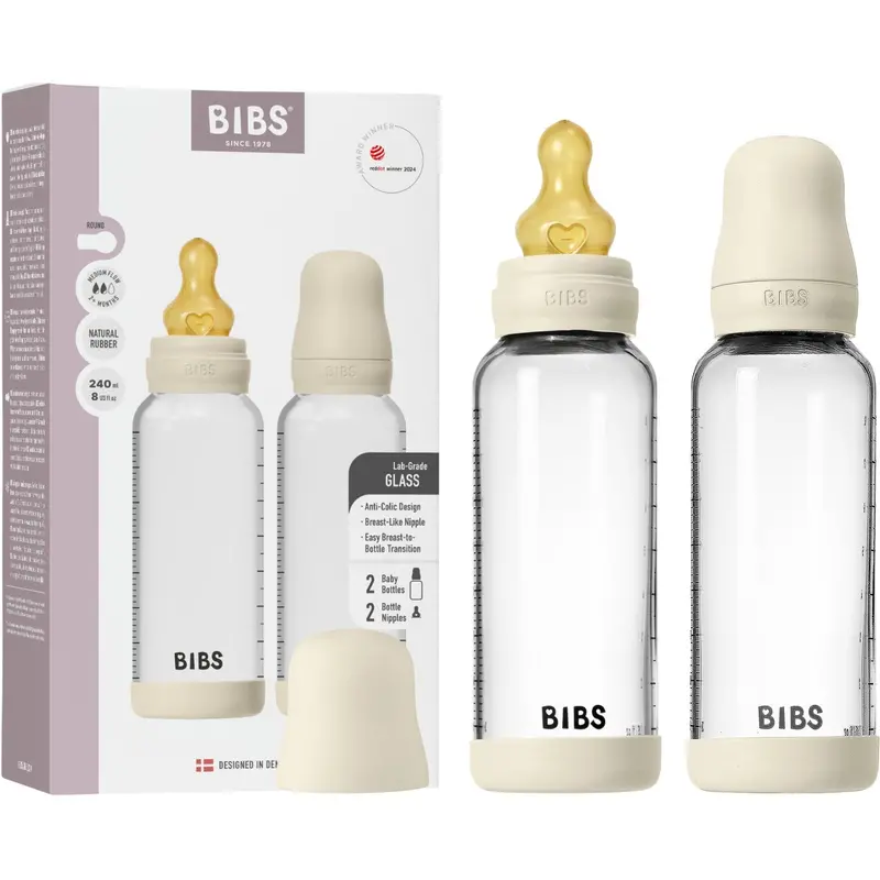 Bibs Ivory Glass Baby Bottle Round Latex 2-Pack 240 Ml Medium Flow 1