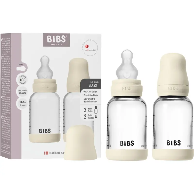 Bibs Ivory Glass Baby Bottle Round Silicone 2-Pack 120 Ml Slow Flow 1