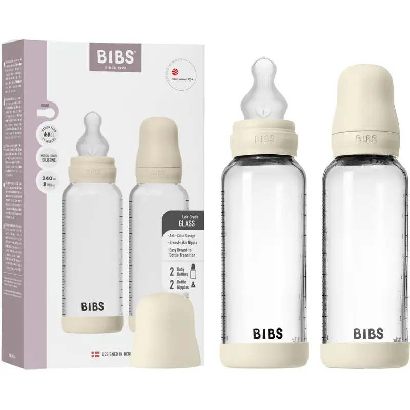 Bibs Ivory Glass Baby Bottle Round Silicone 2-Pack 240 Ml Medium Flow 1