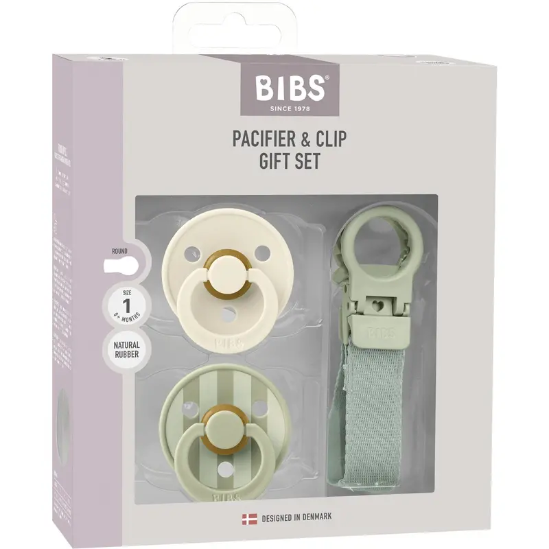 Bibs Sage Colour Pacifier & Loop Clip Gift Set Latex 1