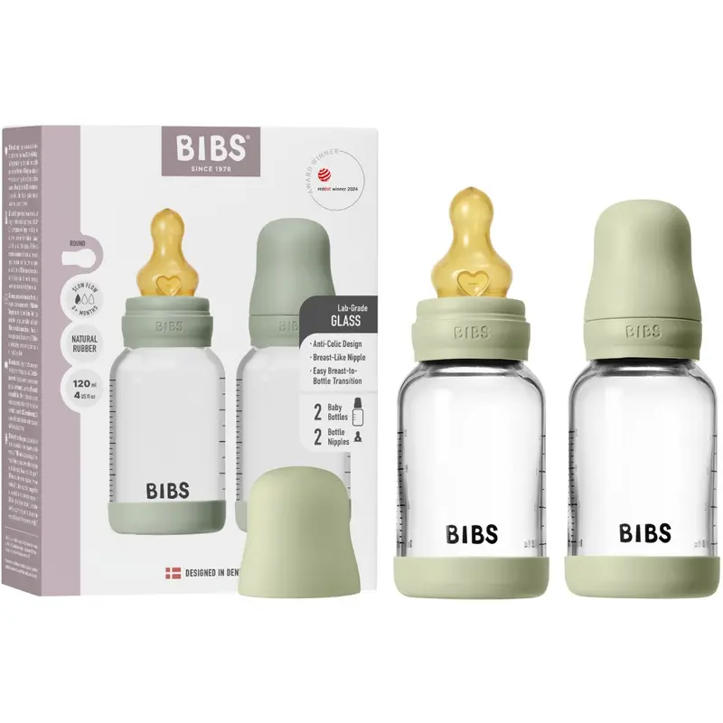 Bibs Sage Glass Baby Bottle Round Latex 2-Pack 120 Ml Slow Flow 1