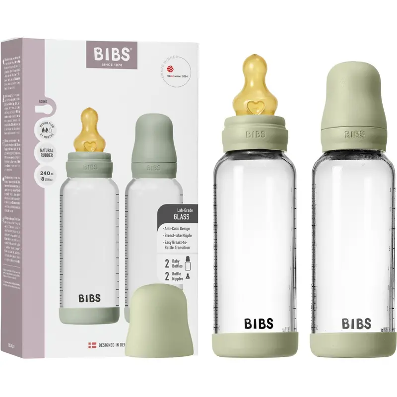 Bibs Sage Glass Baby Bottle Round Latex 2-Pack 240 Ml Medium Flow 1