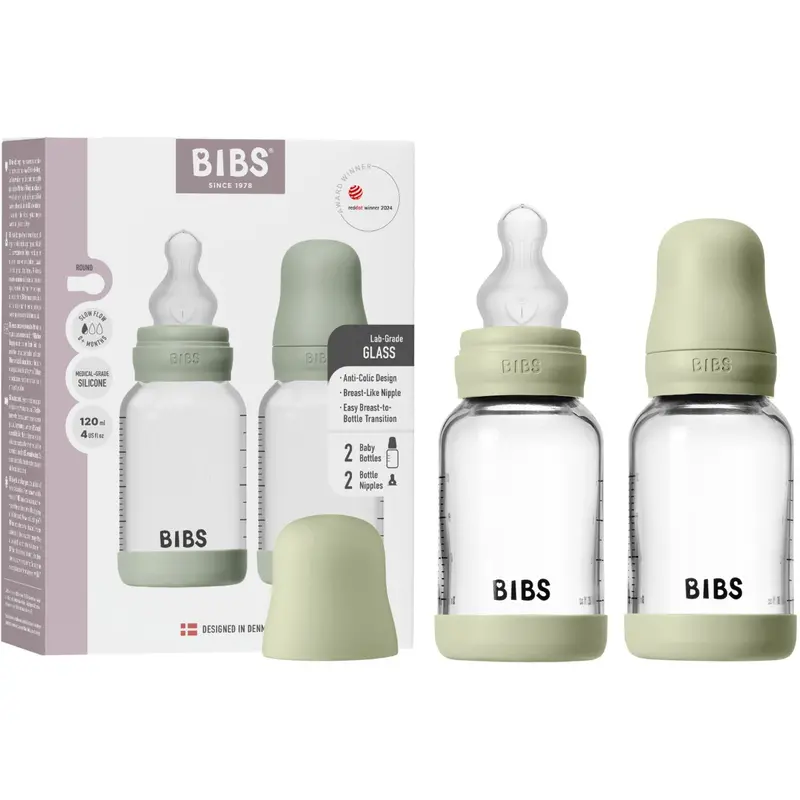 Bibs Sage Glass Baby Bottle Round Silicone 2-Pack 120 Ml Slow Flow 1