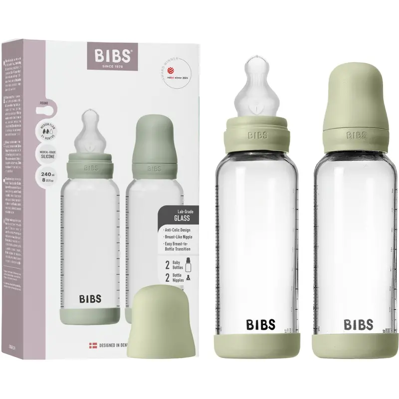 Bibs Sage Glass Baby Bottle Round Silicone 2-Pack 240 Ml Medium Flow 1