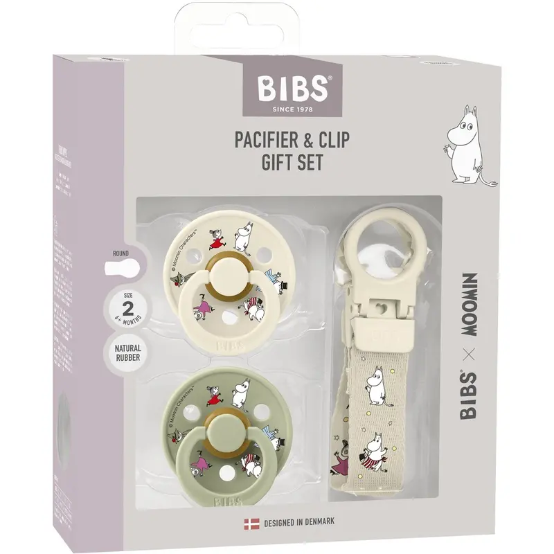 Bibs X Moomin Ivory/Sage Colour Pacifier & Loop Clip Gift Set Latex 1