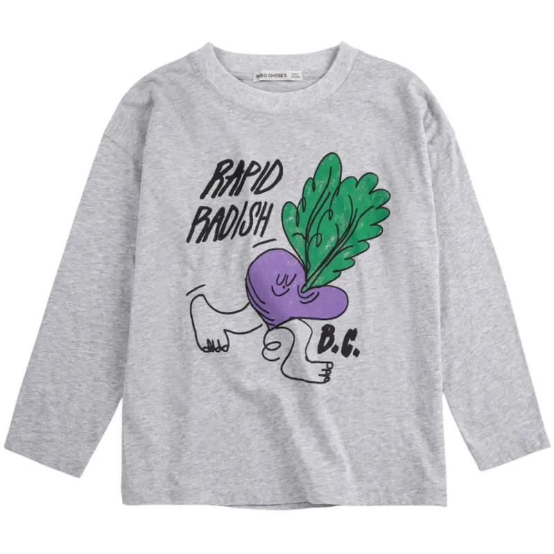 Bobo Choses Heather Grey Rapid Radish Long Sleeve T-Shirt 1
