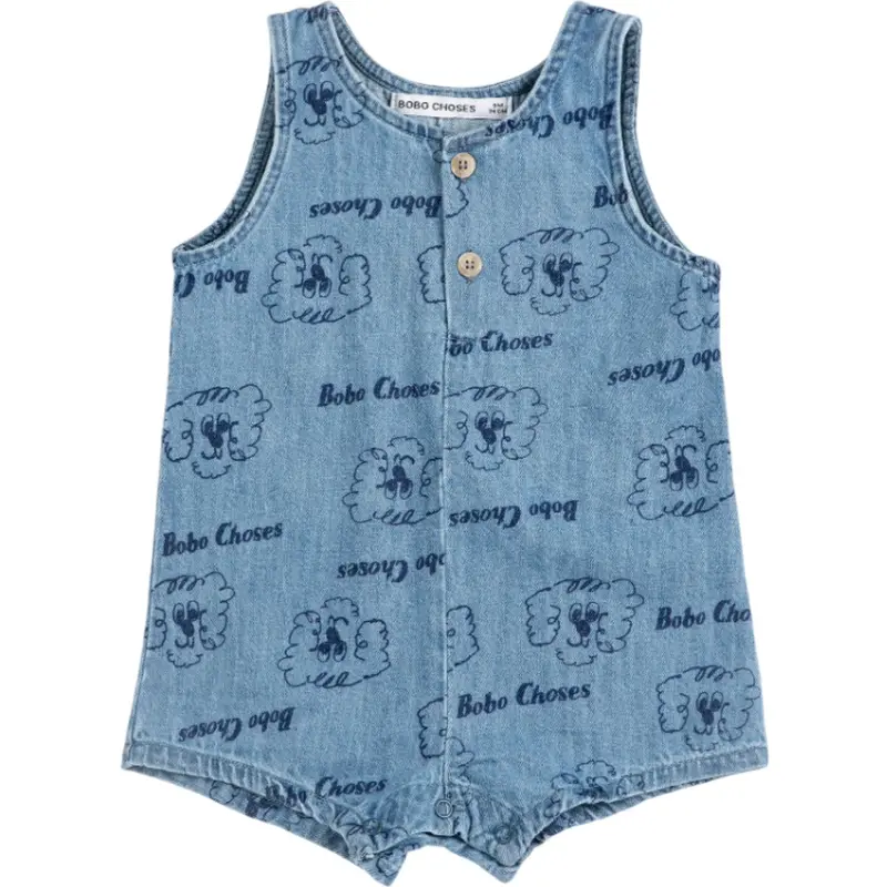 Bobo Choses Light Blue Pickles The Dog All Over Denim Playsuit 1