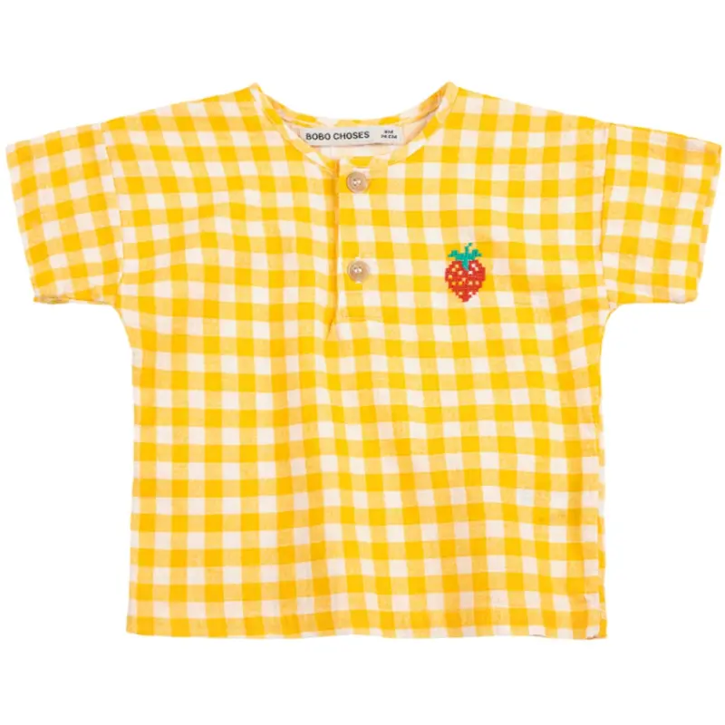 Bobo Choses Yellow Pixel Strawberry Vichy Woven Blouse 1