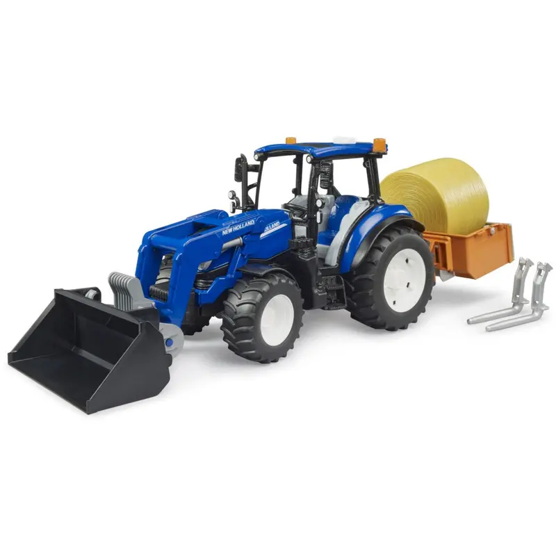 Bruder New Holland T5.120 With Slip-On Frontlæsser, Tømningskasse Og Gafler. 1