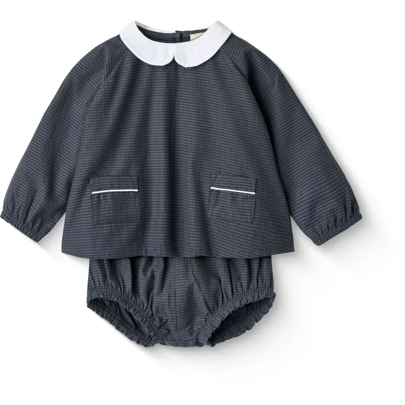 Copenhagen Colors Brown/Blue Check Comb. Checkered Baby-Set W. Blouse And Bloomer 3