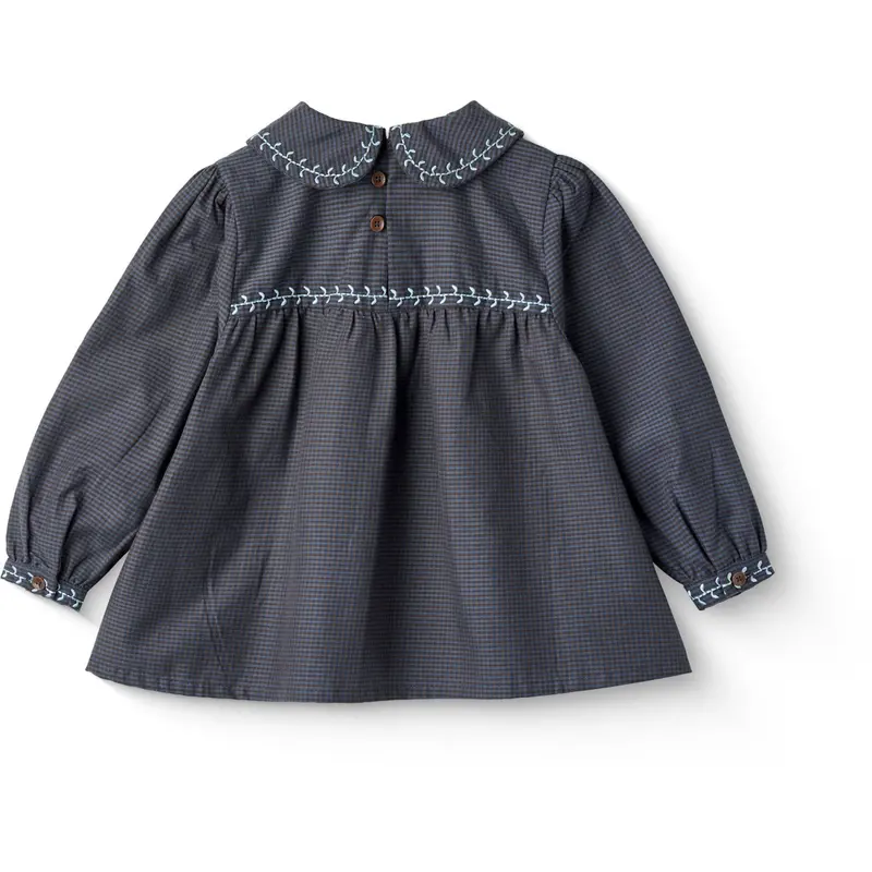 Copenhagen Colors Brown/Blue Check Comb. Checkered Blouse W. Collar And Embroidery 2