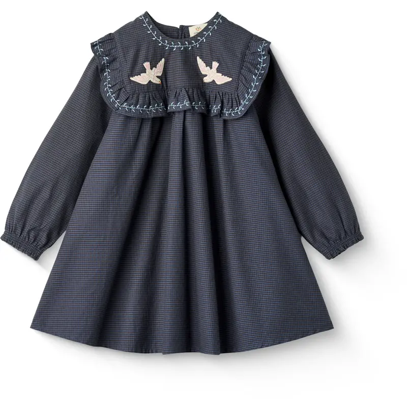 Copenhagen Colors Brown/Blue Check Comb. Checkered Dress W. Embroidery And Ruffle 1