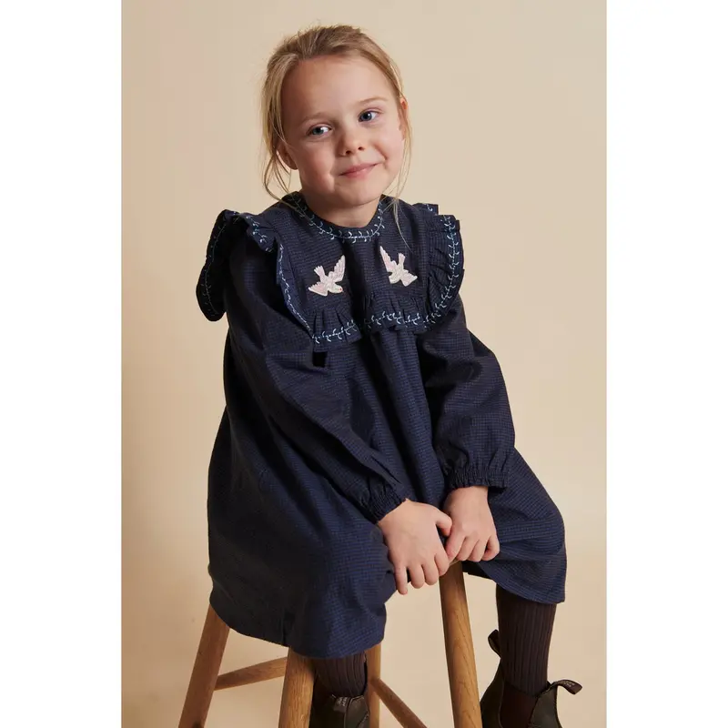 Copenhagen Colors Brown/Blue Check Comb. Checkered Dress W. Embroidery And Ruffle 2
