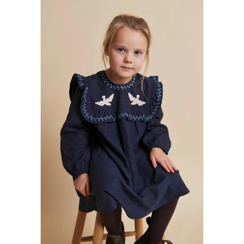 Copenhagen Colors Brown/Blue Check Comb. Checkered Dress W. Embroidery And Ruffle 3