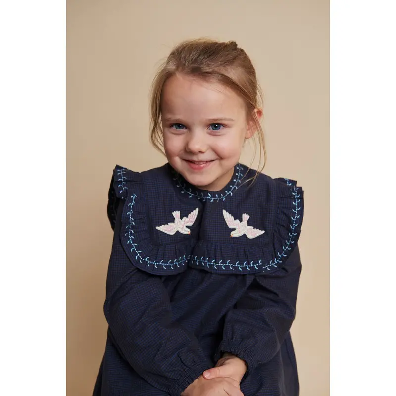 Copenhagen Colors Brown/Blue Check Comb. Checkered Dress W. Embroidery And Ruffle 4