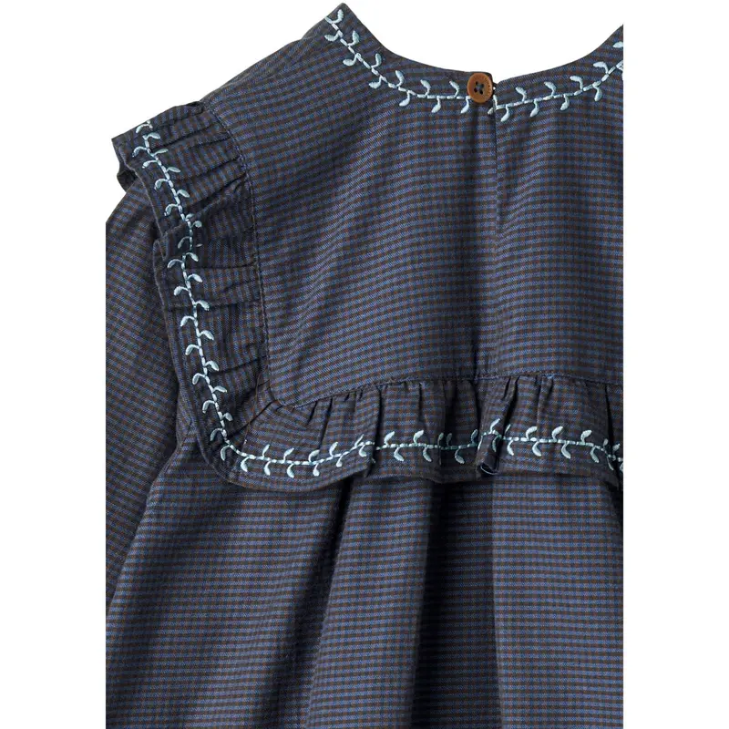 Copenhagen Colors Brown/Blue Check Comb. Checkered Dress W. Embroidery And Ruffle 5