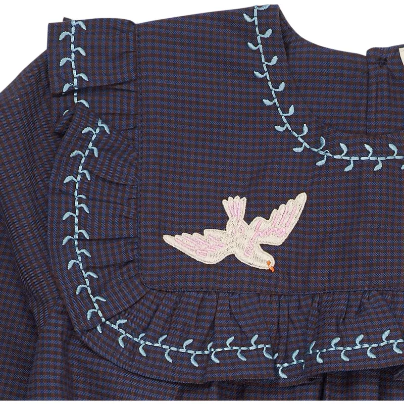Copenhagen Colors Brown/Blue Check Comb. Checkered Dress W. Embroidery And Ruffle 7