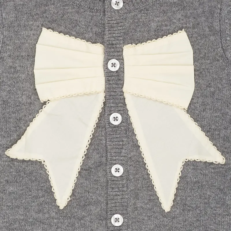 Copenhagen Colors Dk Grey Mel./Cream Comb. Cashmere Cardigan W. Poplin Bow 2