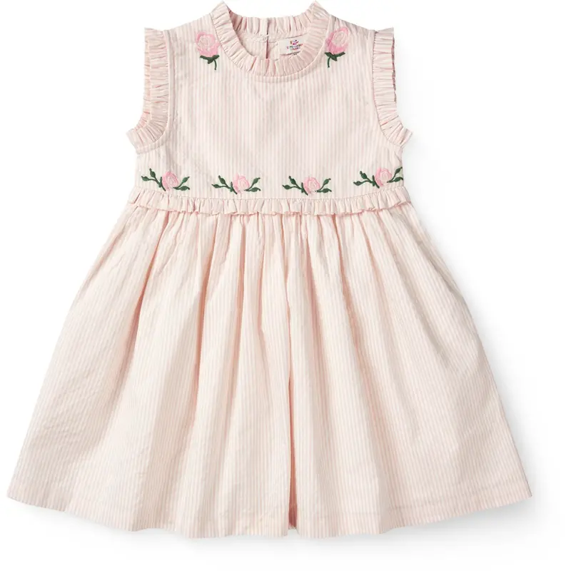 Copenhagen Colors Dusty Rose W Cream Stripe Seersucker Dress W. Ruffles And Emb. 1