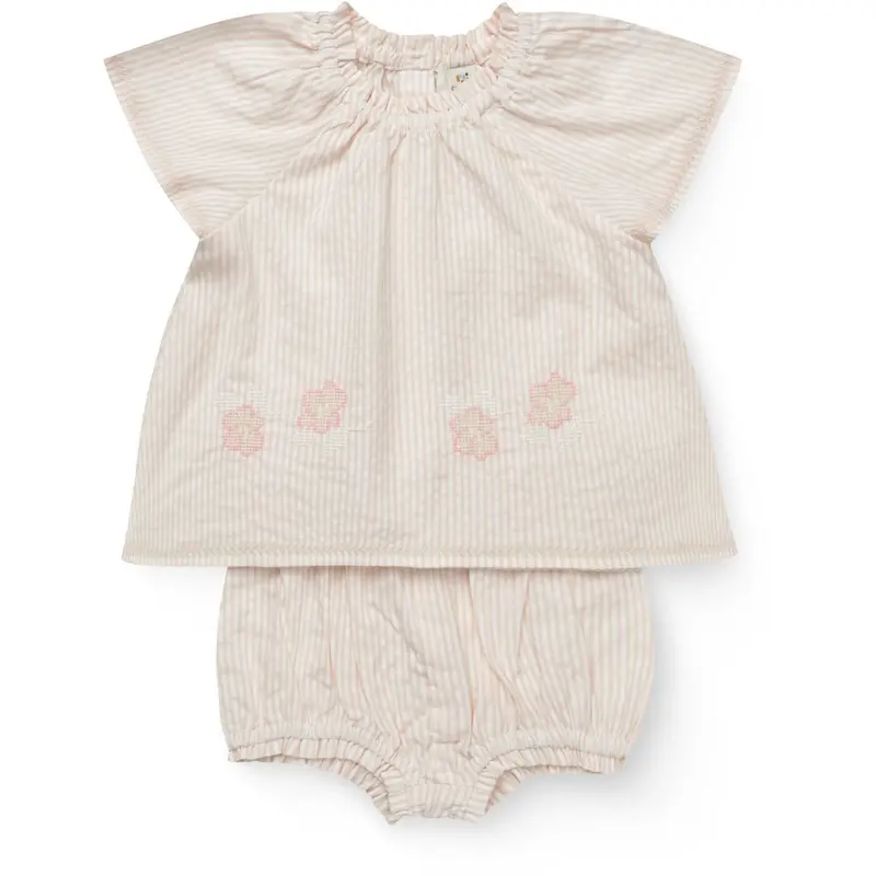 Copenhagen Colors Dusty Rose W Cream Stripe W. Flower Seersucker Baby-Set W. Embroidery 1