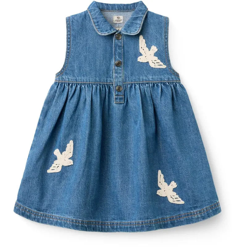 Copenhagen Colors Indigo Blue Washed Denim Dress W. Crochet Doves 1
