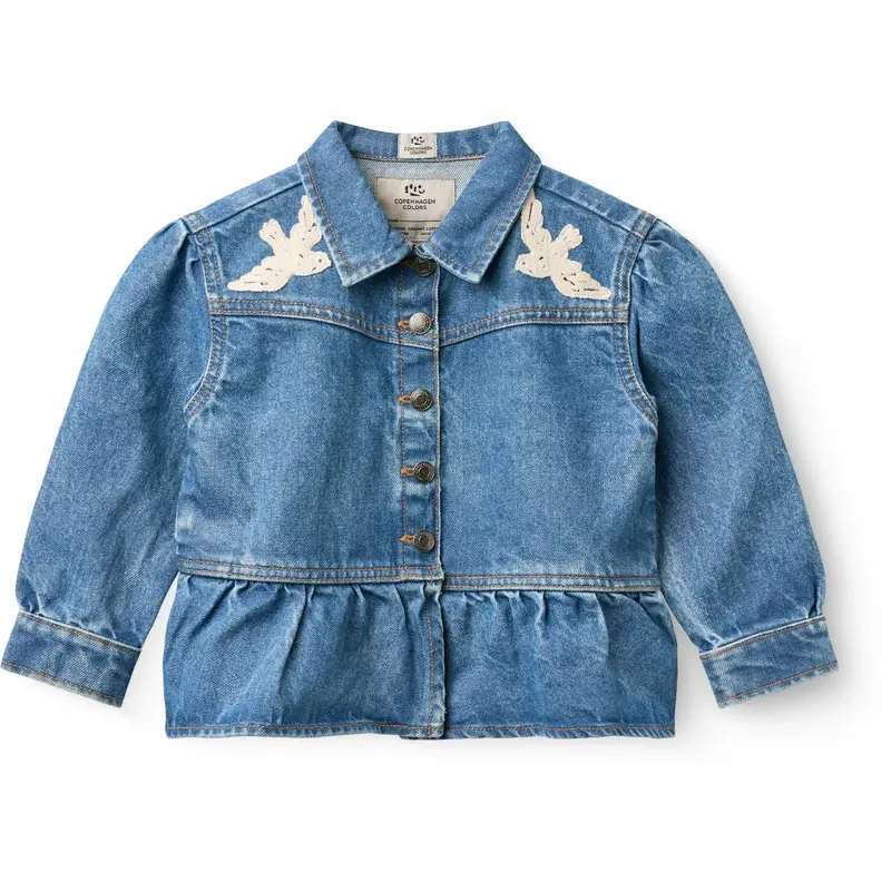 Copenhagen Colors Indigo Blue Washed Denim Frill Jacket W. Crochet Doves 1