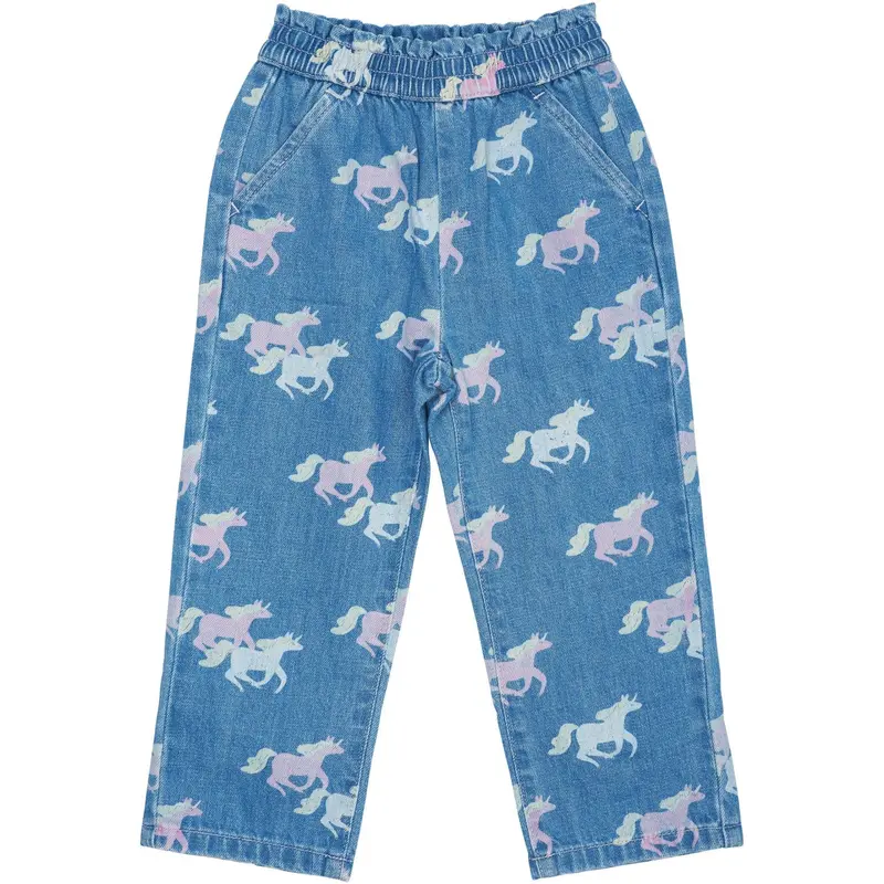 Copenhagen Colors Indigo Blue Washed W Unicorn Organic Pants W. Frill Waist & Unicorn Print 1