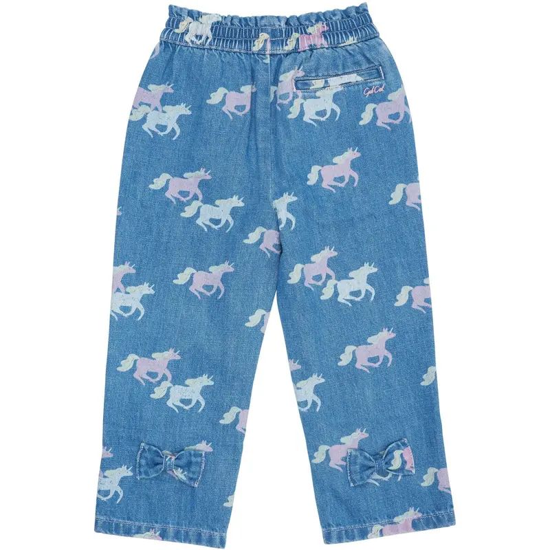 Copenhagen Colors Indigo Blue Washed W Unicorn Organic Pants W. Frill Waist & Unicorn Print 3