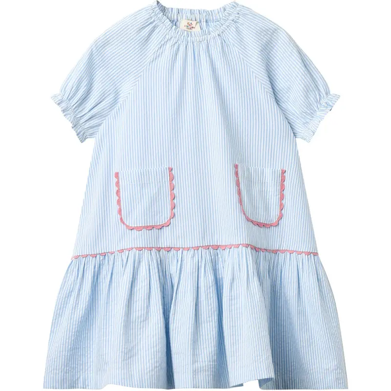 Copenhagen Colors Sky Blue W Cream Stripe Seersucker Dress W. Pockets 1