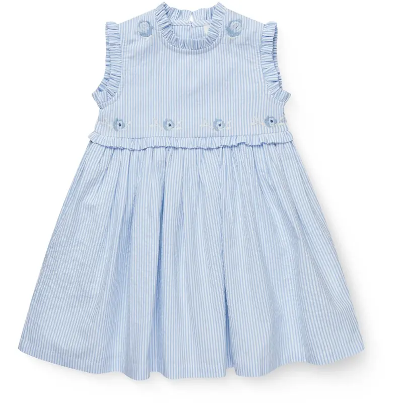 Copenhagen Colors Sky Blue W Cream Stripe Seersucker Dress W. Ruffles And Emb. 1