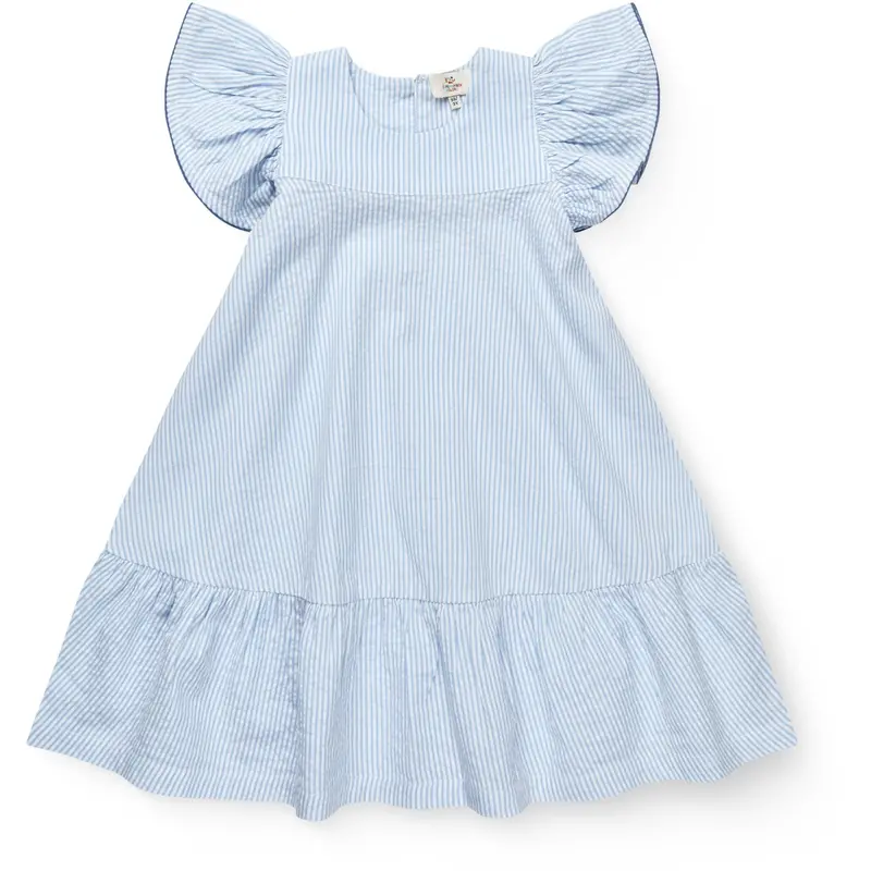 Copenhagen Colors Sky Blue W Cream Stripe W Ocean Blue Seersucker Dress W. Frill Sleeves 1