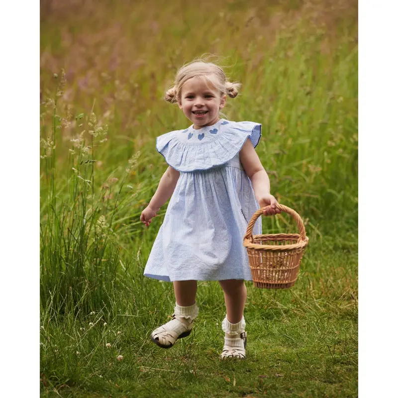 Copenhagen Colors Sky Blue W Cream Stripe W Ocean Blue Seersucker Dress W. Heart 3