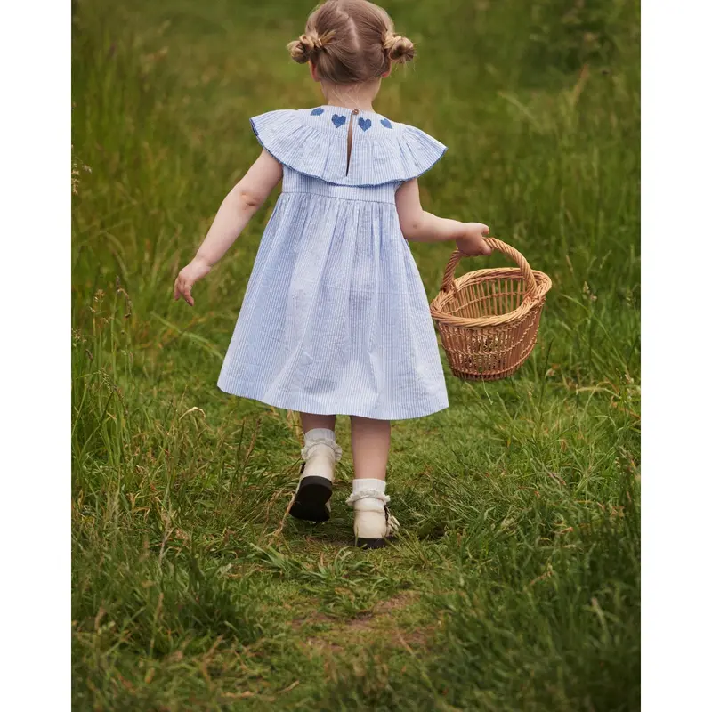 Copenhagen Colors Sky Blue W Cream Stripe W Ocean Blue Seersucker Dress W. Heart 5