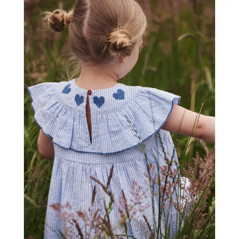 Copenhagen Colors Sky Blue W Cream Stripe W Ocean Blue Seersucker Dress W. Heart 6