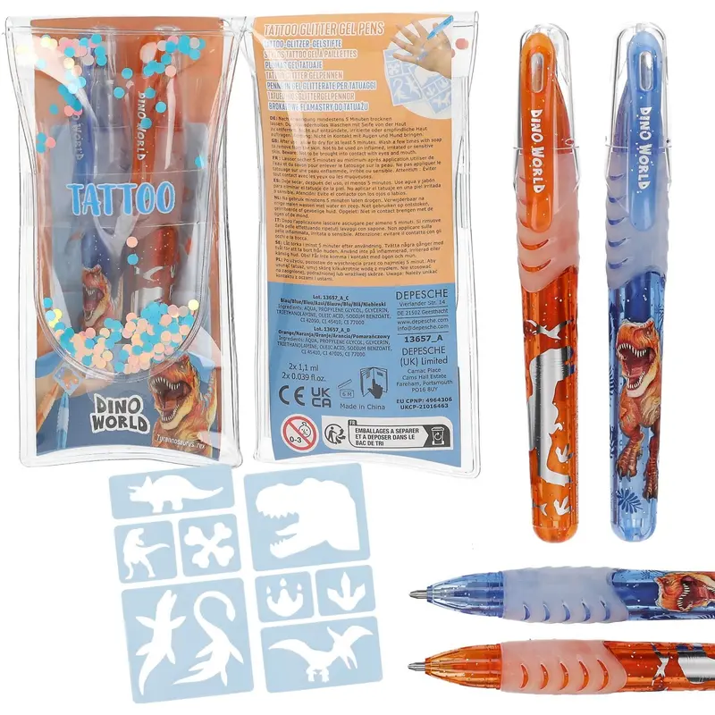 Dino World Orange/Blue Tatoo Glitter Gel Pens 1