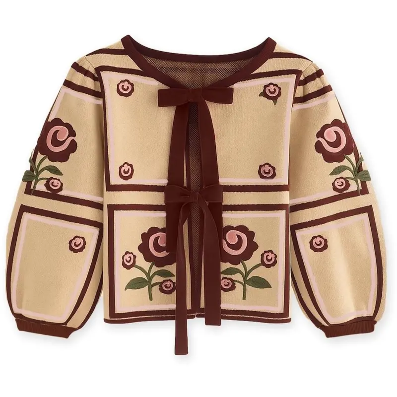 Fliink Sandshell/Burgendy Charlotte Embroidered Cardigan 1