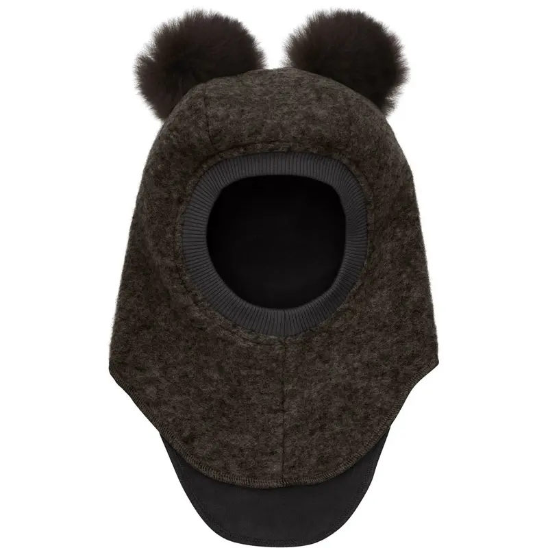 Huttelihut Dark Brown Melange Balaclava Wool Alpaca Pompoms 1