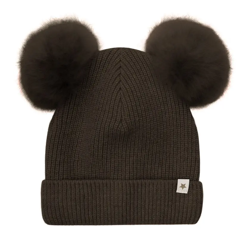 Huttelihut Dark Brown Melange Hat Knit Alpaca Pompoms 1