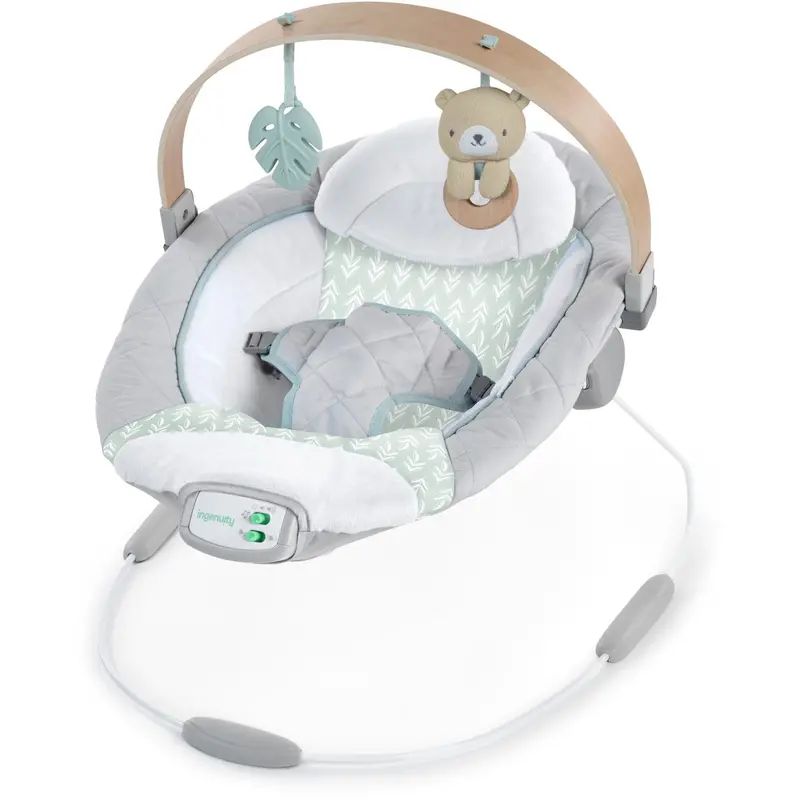 Ingenuity Grey Cosy Spot Baby Bouncer With Activity Arch In Wood 1