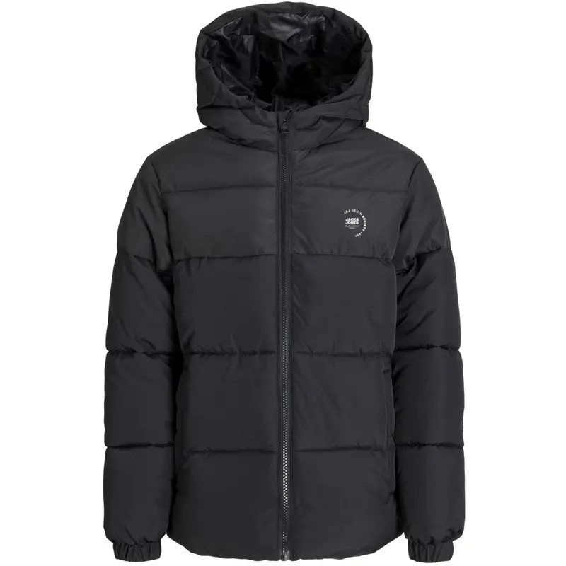 Jack & Jones Junior Black White Logo Jjmaze Logo Puffer Hood Jnr 1